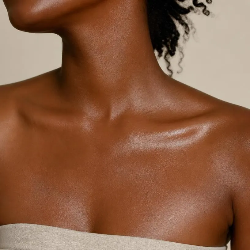 Chest skin after body oil, looking nourished and radiant
