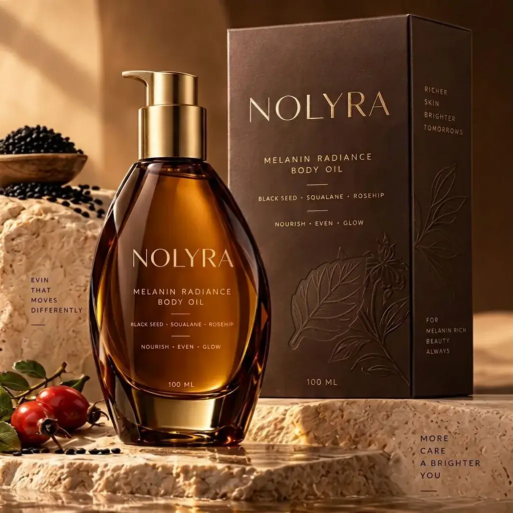 Nolyra Melanin Radiance Body Oil in a clear glass bottle with a metal pump, beside its cocoa carton